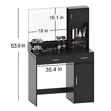 Heybly Vanity Desk with Lighted Mirror, LED Strip, Large Drawer and 3-Level Storage