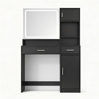 Heybly Vanity Desk with Lighted Mirror, LED Strip, Large Drawer and 3-Level Storage