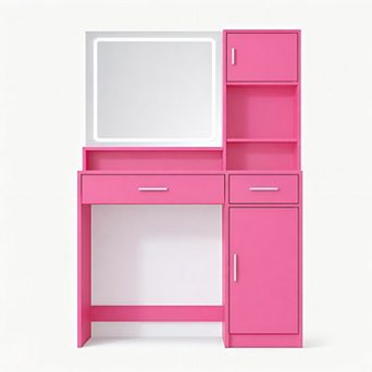 Heybly Vanity Desk with Lighted Mirror, LED Strip, Large Drawer and 3-Level Storage