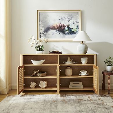 KWPZQEB 4 Doors Boho Rattan Sideboard with Open Shelf, Coffee Bar Cabinet for Kitchen