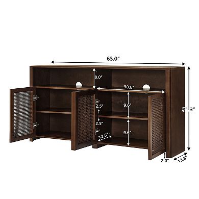 KWPZQEB 4 Doors Boho Rattan Sideboard with Open Shelf, Coffee Bar Cabinet for Kitchen