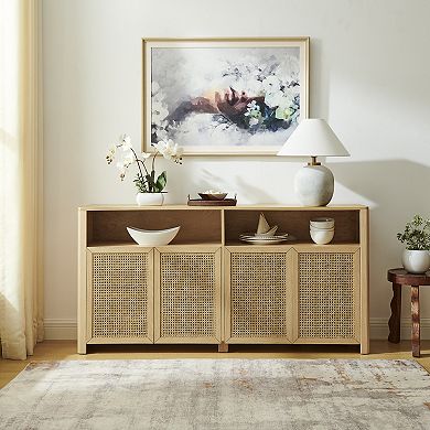 KWPZQEB 4 Doors Boho Rattan Sideboard with Open Shelf, Coffee Bar Cabinet for Kitchen