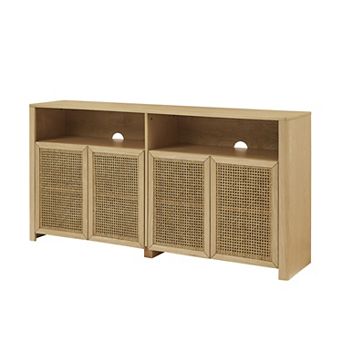KWPZQEB 4 Doors Boho Rattan Sideboard with Open Shelf, Coffee Bar Cabinet for Kitchen