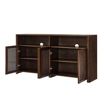 KWPZQEB 4 Doors Boho Rattan Sideboard with Open Shelf, Coffee Bar Cabinet for Kitchen