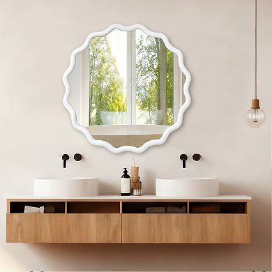 KWPZQEB 36 Inch Wavy Round Solid Wood Frame Decorative Mirror for Entryway, Bathroom