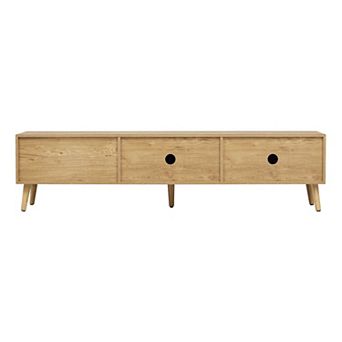 Rattan Style TV Stand for TVs with 2 Cabinets and Drawer, Wood Tone Media Console