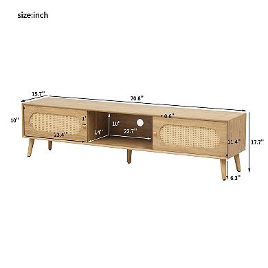 Rattan Style TV Stand for TVs with 2 Cabinets and Drawer, Wood Tone Media Console
