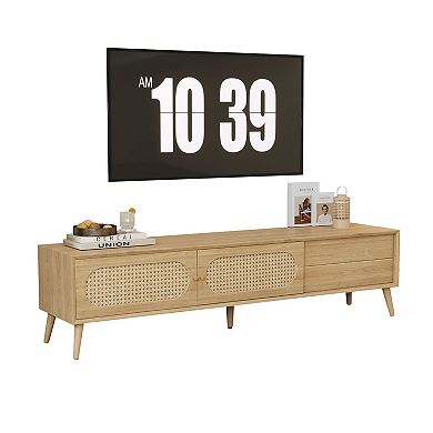 Rattan Style TV Stand for TVs with 2 Cabinets and Drawer, Wood Tone Media Console