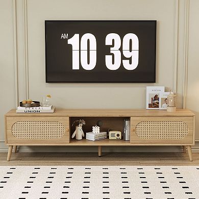 Rattan Style TV Stand for TVs with 2 Cabinets and Drawer, Wood Tone Media Console