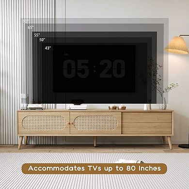 Rattan Style TV Stand for TVs with 2 Cabinets and Drawer, Wood Tone Media Console