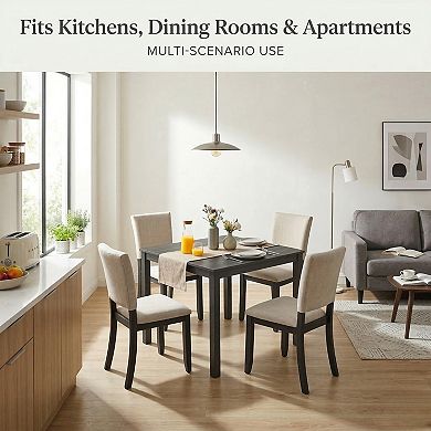 GOMYHOME 5-Piece Square Dining Table Set with Upholstered Chairs, Wood Frame, Black & Beige