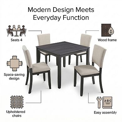 GOMYHOME 5-Piece Square Dining Table Set with Upholstered Chairs, Wood Frame, Black & Beige