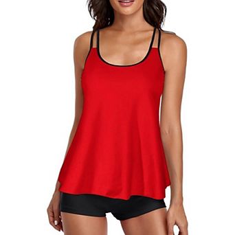 Women's Two Piece Tankini Swimsuit, Flowy Ruffled Top with Boyshorts, Adjustable Straps Bathing Suit