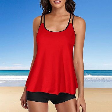 Women's Two Piece Tankini Swimsuit, Flowy Ruffled Top with Boyshorts, Adjustable Straps Bathing Suit