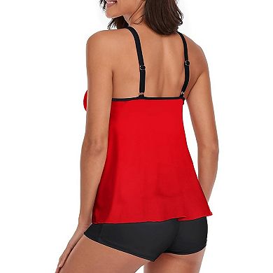 Women's Two Piece Tankini Swimsuit, Flowy Ruffled Top with Boyshorts, Adjustable Straps Bathing Suit