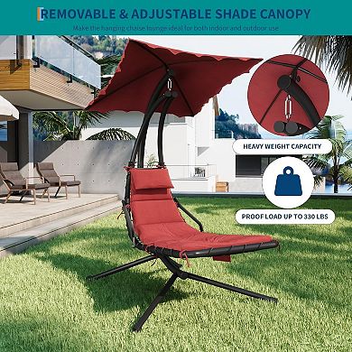 Indoor Outdoor Chaise Lounge, Patio ChaiseLounge with Removable Canopy & Built-in Pillow