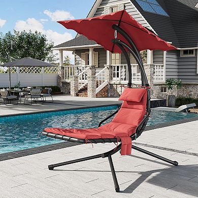 Indoor Outdoor Chaise Lounge, Patio ChaiseLounge with Removable Canopy & Built-in Pillow