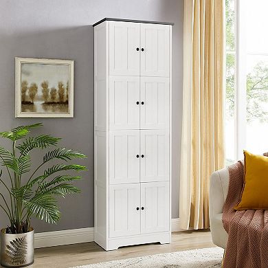 Narrow Tall Storage Cabinet with 4 Door Compartments, Floor Standing Unit