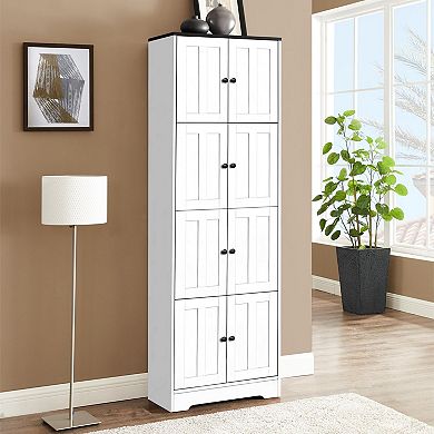 Narrow Tall Storage Cabinet with 4 Door Compartments, Floor Standing Unit