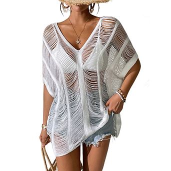 Women's Beach Cover Ups Swimwear Knit Hollow Out Swimsuit Coverup Solid Color Bathing Suit