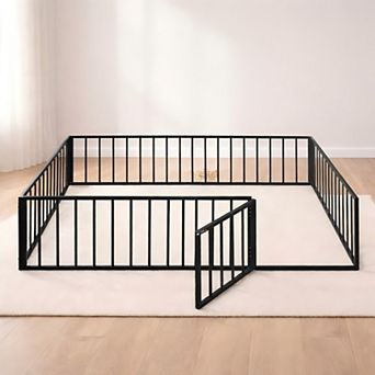 Heybly Queen Metal Floor Bed Frame with Safety Fence and Door, Montessori Style Platform Bed Frame