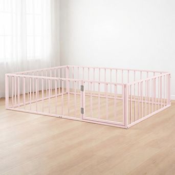 Heybly Queen Metal Floor Bed Frame with Safety Fence and Door, Montessori Style Platform Bed Frame