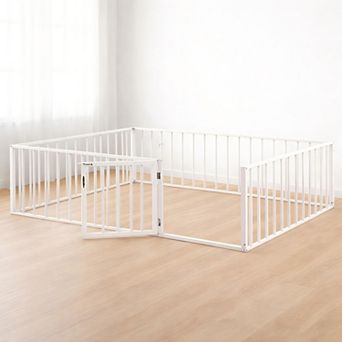Heybly Queen Metal Floor Bed Frame with Safety Fence and Door, Montessori Style Platform Bed Frame