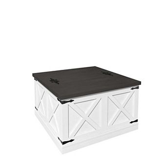 Farmhouse Square Coffee Table with Lift Top Hidden Storage Rustic Wood Center Table White