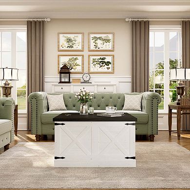 Farmhouse Square Coffee Table with Lift Top Hidden Storage Rustic Wood Center Table White