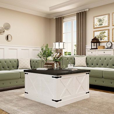 Farmhouse Square Coffee Table with Lift Top Hidden Storage Rustic Wood Center Table White