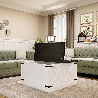 Farmhouse Square Coffee Table with Lift Top Hidden Storage Rustic Wood Center Table White