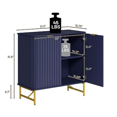 Modern 2-Door Accent Cabinet Storage Cabinet with Shelves Rounded Design Fluted Doors Gold Handles
