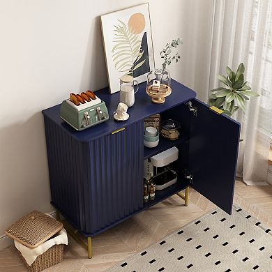 Modern 2-Door Accent Cabinet Storage Cabinet with Shelves Rounded Design Fluted Doors Gold Handles