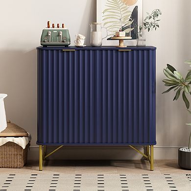 Modern 2-Door Accent Cabinet Storage Cabinet with Shelves Rounded Design Fluted Doors Gold Handles