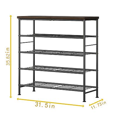 5 Tier Shoe Rack Organizer Metal Frame MDF Top Holds 16 to 20 Pairs Entryway Storage Rustic Brown