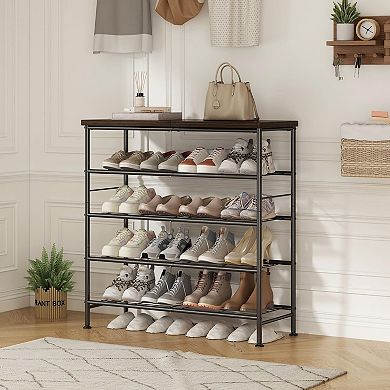 5 Tier Shoe Rack Organizer Metal Frame MDF Top Holds 16 to 20 Pairs Entryway Storage Rustic Brown