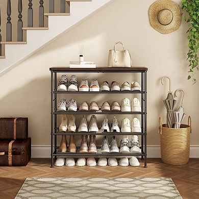 5 Tier Shoe Rack Organizer Metal Frame MDF Top Holds 16 to 20 Pairs Entryway Storage Rustic Brown