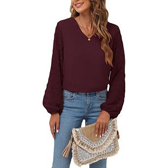 Women's Loose Fit V Neck Textured Long Sleeve Casual T Shirt