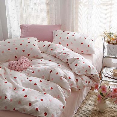 Queen Size Red Pink Heart Duvet Cover Set - Soft Microfiber, Zipper Closure