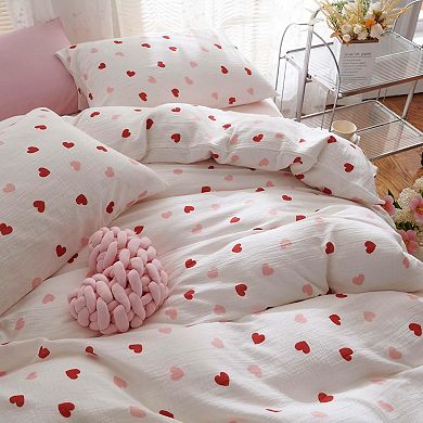Queen Size Red Pink Heart Duvet Cover Set - Soft Microfiber, Zipper Closure
