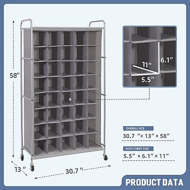 40 Pair Shoe Cubby Organizer with Wheels Gray Polyester Cover 30.7W x 13D x 58H Inch