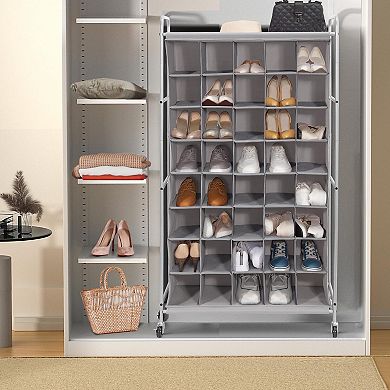 40 Pair Shoe Cubby Organizer with Wheels Gray Polyester Cover 30.7W x 13D x 58H Inch