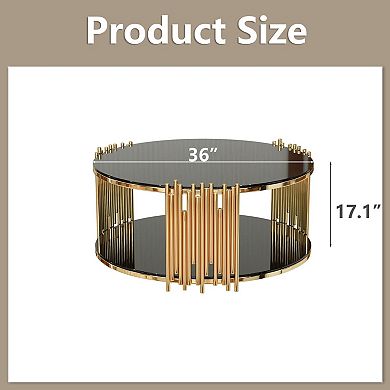 Round Glass Coffee Table with Metal Frame for Living Room or Lounge