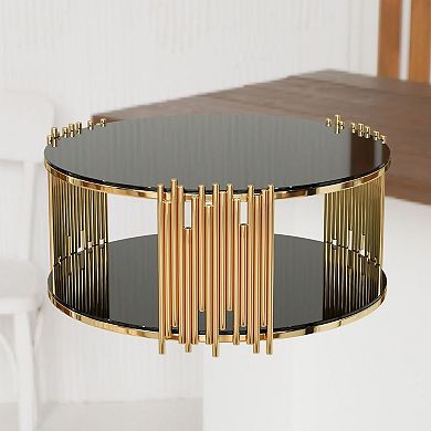 Round Glass Coffee Table with Metal Frame for Living Room or Lounge