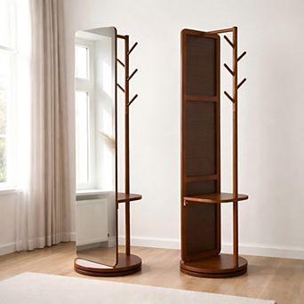 Heybly Solid Wood Full Length Mirror with Coat Rack, Swivel Floor Standing Mirror with Stand