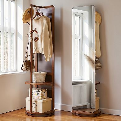 Heybly Solid Wood Full Length Mirror with Coat Rack, Swivel Floor Standing Mirror with Stand