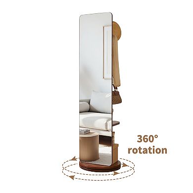 Heybly Solid Wood Full Length Mirror with Coat Rack, Swivel Floor Standing Mirror with Stand