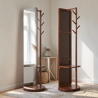 Heybly Solid Wood Full Length Mirror with Coat Rack, Swivel Floor Standing Mirror with Stand