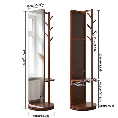 Heybly Solid Wood Full Length Mirror with Coat Rack, Swivel Floor Standing Mirror with Stand