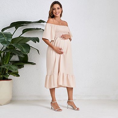 Women's Maternity Off Shoulder Ruffle Short Sleeve Maxi Flowy Tiered A Line Dress